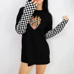 Flame Heart Checkered Sleeve Long Sleeve T-Shirt