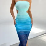 Elegance In Blue: Ombre Strapless Cutout Bodycon Dress