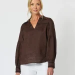 Classic Brown Linen V Neck Blouse